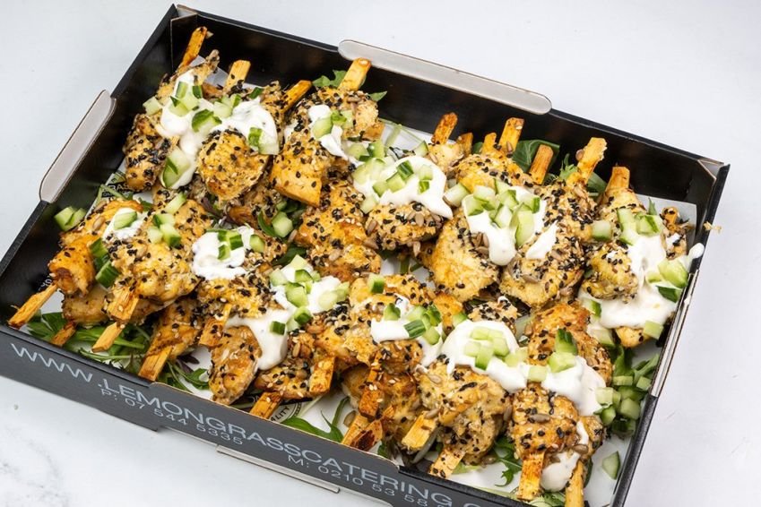 CHICKEN SKEWER Canape Platter - 30 - drizzled with tzatziki sauce and topped with diced cucumber. Served cold (GF)