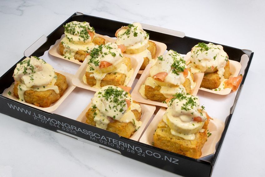 POTATO HASH SAVOURY with smoked salmon, egg, cream cheese sauce (GF) Served on small bamboo plates with wooden forks 