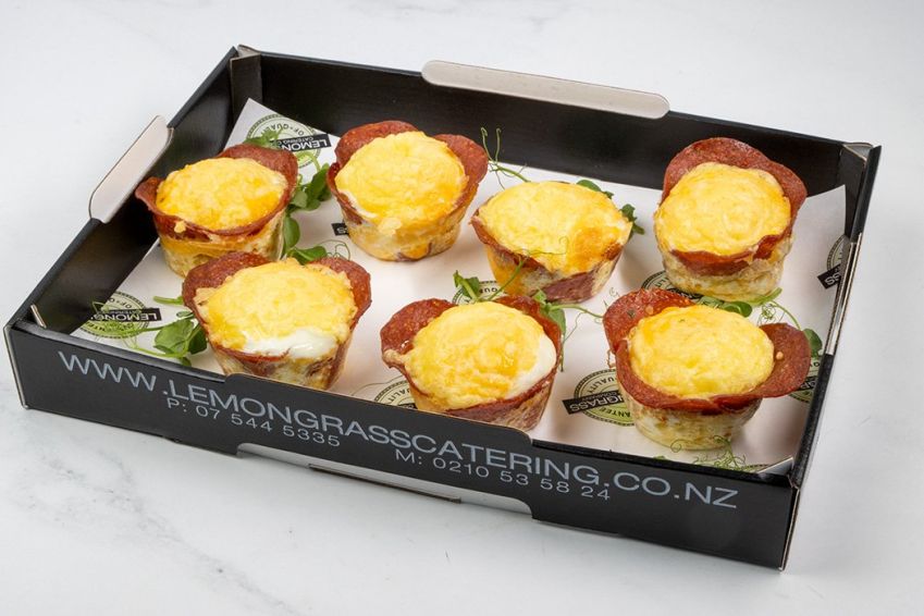 SALAMI CUP filled with whole egg, diced sunblush tomato and grated cheese - Hot - Keto/GF 