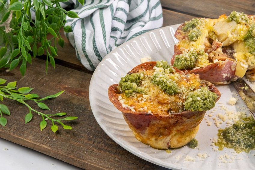 SALAMI CUP filled with whole egg, diced sunblush tomato and grated cheese - Hot - Keto/GF 