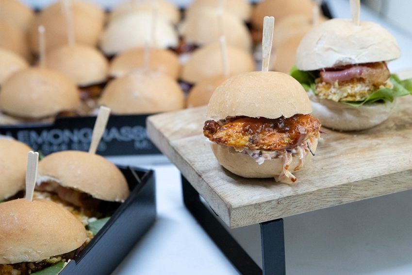 BBQ CHICKEN SLIDER with marinated chicken tender with bbq sauce and cripsy creamy coleslaw- served warm 