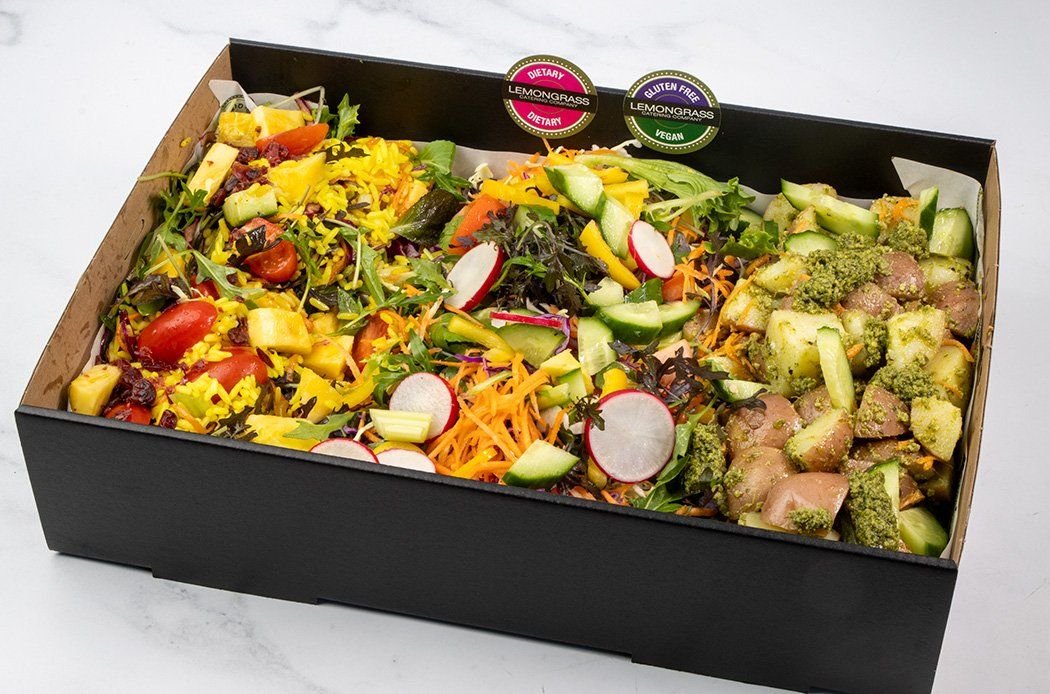 DIETARY TRIO SALAD BOX - 3 delicious dietary salads in one box - (GF, DF, VEGAN, NUT & EGG FREE) Box serves 10 guests 