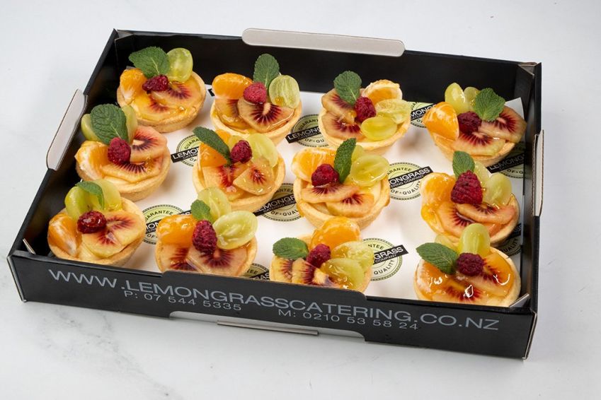 FRUIT TARTS WITH CREME PATISSIERE PLATTER (12) - topped with seasonal fresh fruit & passionfruit compote in 60mm tart shell