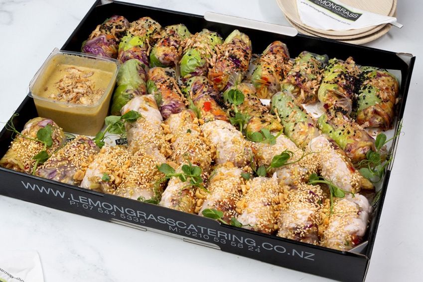 RICE PAPER ROLL PLATTER (30) variety of Chicken, spiced rice & vegetables (15) & Vegetarian spiced rice vegetables (15) served with tub of Creamy Peanut Sauce & tub of Sweet Chili Sauce (GF/DF)