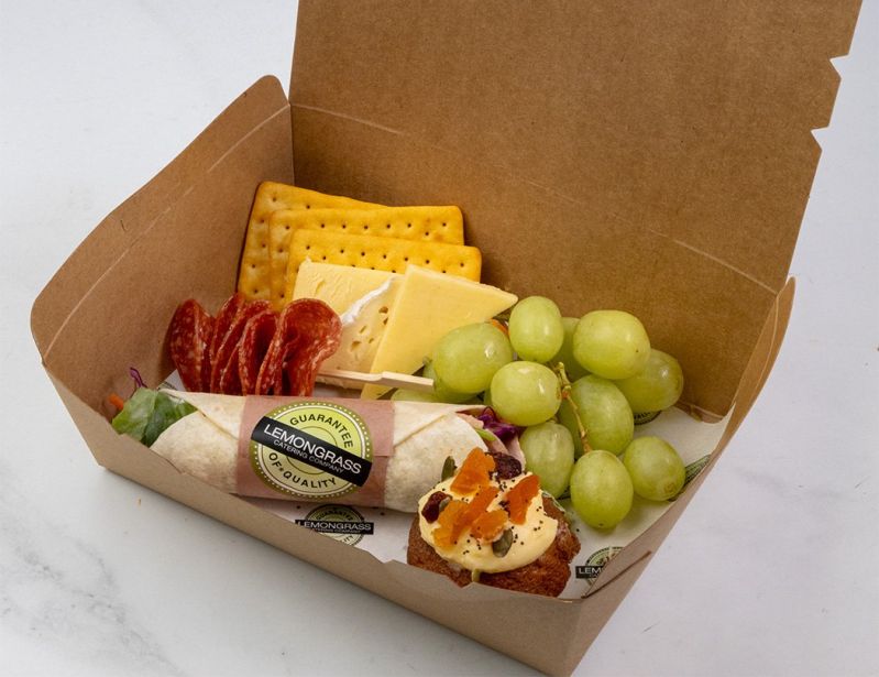 SWEET AND SAVOURY PICNIC BOX (Cocktail wrap, Bite size sweet, Cheese, Crackers, Salami slices, Grapes/Fresh fruit)