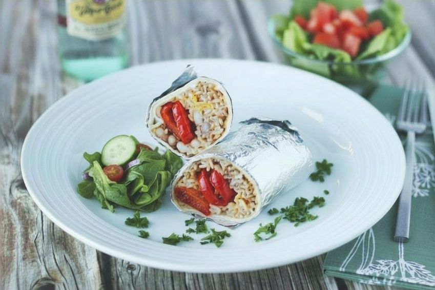 BURRITO - Chicken, rice, roasted red pepper, sour cream, sweet chilli & cheese wrapped in a soft flour tortilla