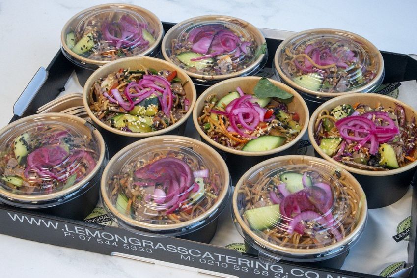 THAI NOODLE SALAD -Thai egg noodles, seasonal fresh vegetables, sesame soy & ginger dressing - Individual tub with wooden fork 