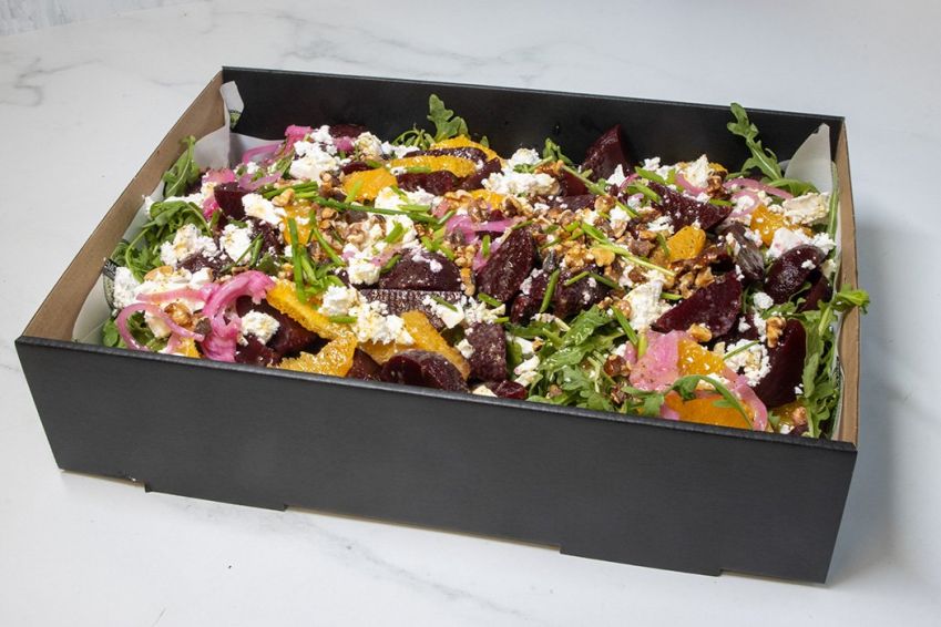 BEETROOT, FETA & ORANGE SALAD BOX - toasted walnuts & roasted red peppers layered with fresh salad greens (GF, V)