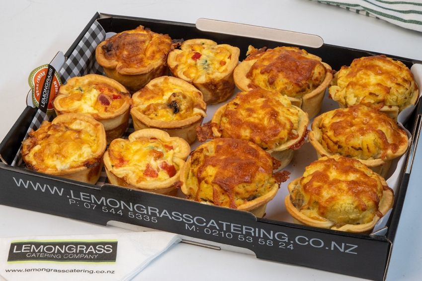 MIX OF POTATO TOP BEEF SAVOURY'S & VEGETARIAN QUICHE'S  (50/50 mix) - hot 