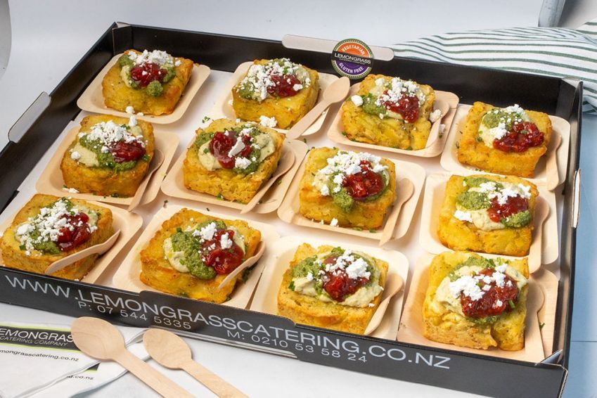 POTATO HASH SAVOURY with pesto, salsa and crumbled feta. Served on small bamboo plates with wooden forks (GF,V)
