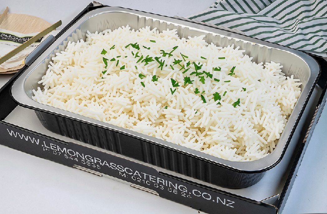WHITE RICE - topped with toasted cumin & fresh herbs. Regular size tray serves 8-10 people as a a side. 30cmx 25 x 6cm. Hot Ready to Serve (GF, DF, Vegan)