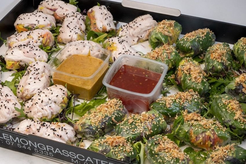 RICE PAPER ROLL PLATTER (30) variety of Chicken, spiced rice & vegetables (15) & Vegetarian spiced rice vegetables (15) served with tub of Creamy Peanut Sauce & tub of Sweet Chili Sauce (GF/DF)