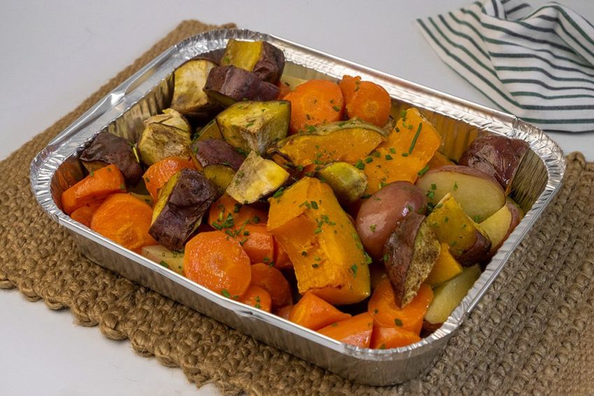 HOT SEASONAL ROASTED ROOT VEGETABLES with olive oil & herbs (GF, DF, Vegan) 