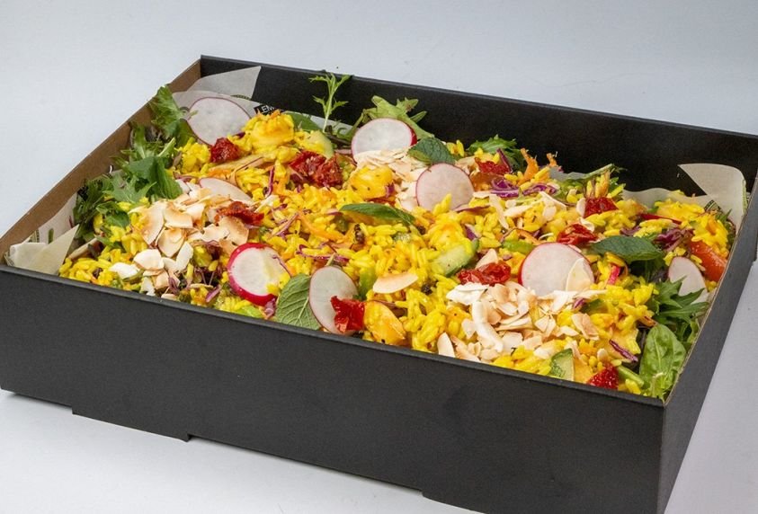 SUNSHINE RICE SALAD BOX - fresh pineapple, currents, crisp salad greens & vegetables, curried coconut dressing topped with toasted coconut flakes  (GF, DF, VEGAN )