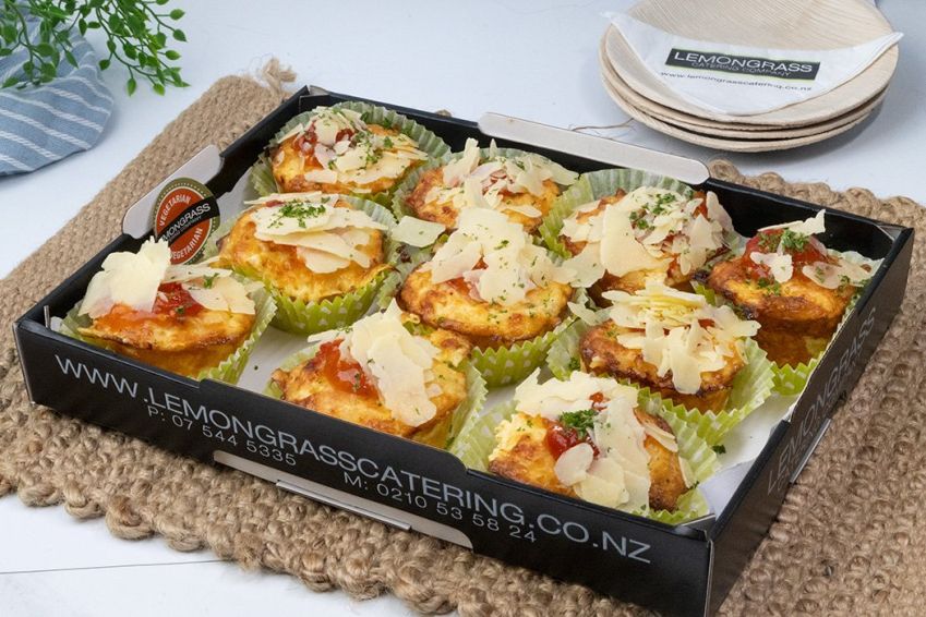 MAC N CHEESE FRITTATA SAVOURIES - HOT - with coarse grain mustard & relish baked in rich cream & egg & topped with extra relish & parmesan cheese (V) 