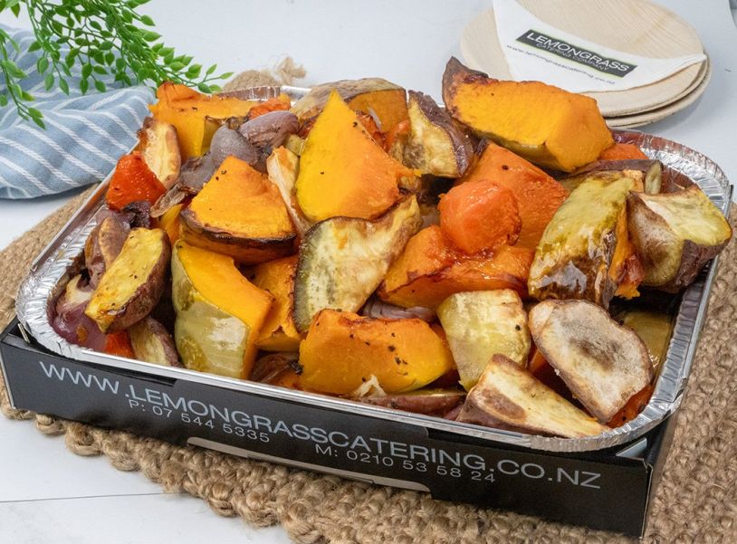 HOT SEASONAL ROASTED ROOT VEGETABLES with olive oil & herbs (GF, DF, Vegan) 