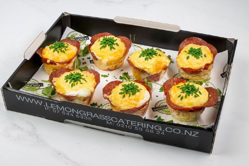 SALAMI CUP filled with whole egg, diced sunblush tomato and grated cheese - HOT (Gluten Free, Keto)