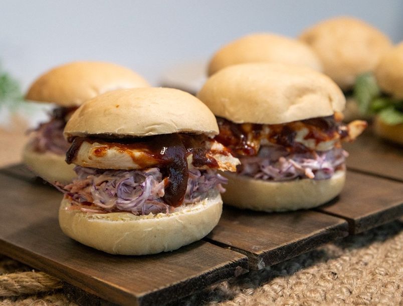 BBQ CHICKEN SLIDER PLATTER - 15- with marinated chicken tender, bbq sauce and creamy crunchy coleslaw 