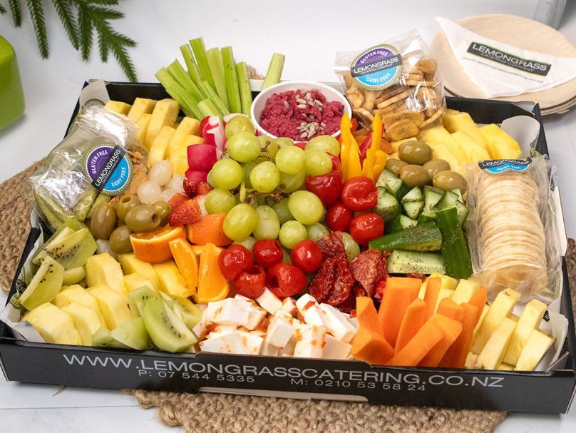 GLUTEN FREE VEGAN CHEESE, FRUIT, VEGETABLE & CRACKER PLATTER - Medium Size Platter - Serves 8-10