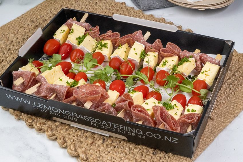 ANTIPASTI SKEWER Canape Platter - 20 - Chorizo salami, soft creamy brie cheese & cherry tomato/green olive on skewer (GF)