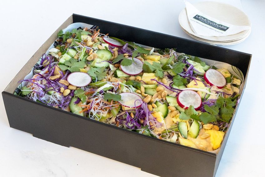 VIETNAMESE RICE NOODLE SALAD BOX - creamy peanut sweet chili dressing tossed through rice noodles, julienne seasonal salad vegetables, coriander, toasted pumpkin, sesame & sunflower seeds & roasted peanuts (GF,DF,VEGAN)