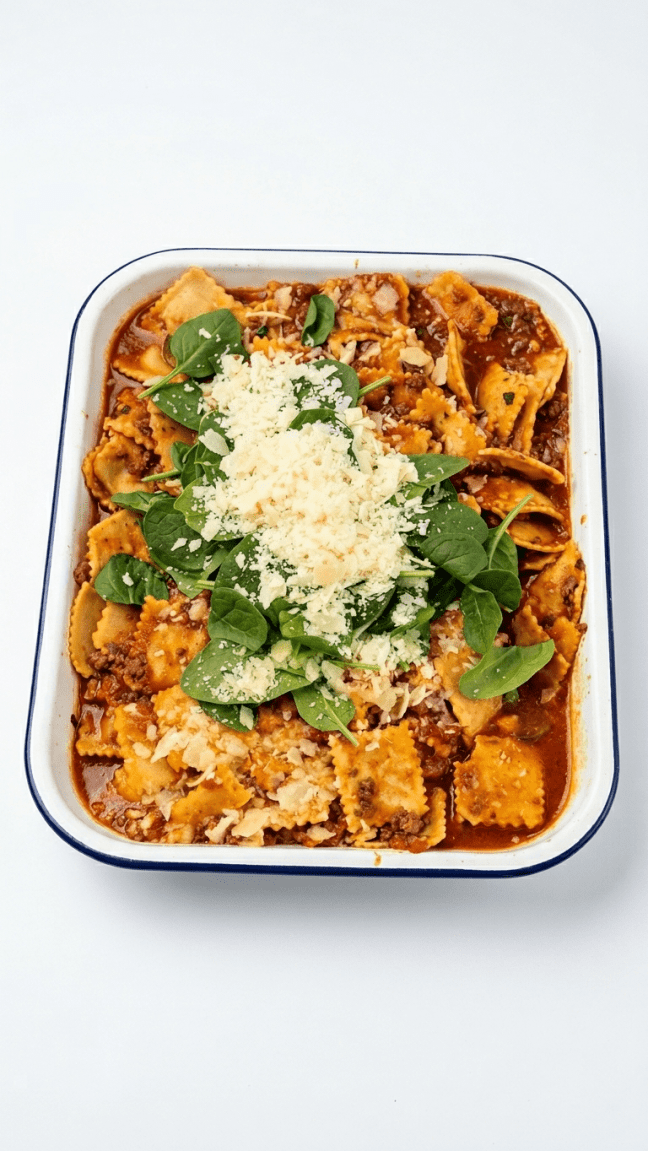 Beef ravioli bolognese tray