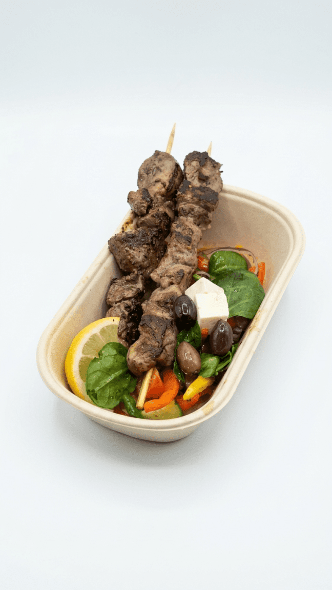 Marinated lamb shoulder skewers with salad (Individually packed)