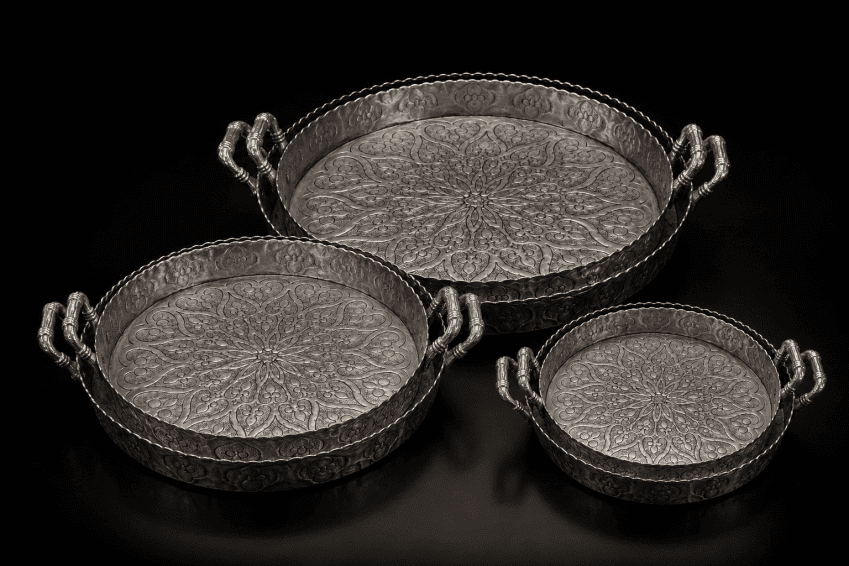 3 SET SILVER ROUND SERVING DISHES 300MM , 350MM , 400MM