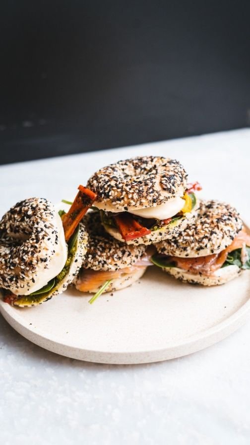 Mini Bagel - Roasted Peppers, Eggplant, Pesto, Mozzarella (V)