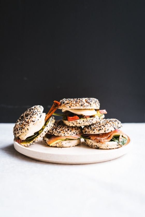Mini Bagel - Roasted Peppers, Eggplant, Pesto, Mozzarella (V)