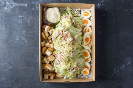 Classic Caesar, Soft Boiled Eggs, Croutons, Crisp Bacon, Parmesan, Whole Egg Mayonnaise (V)