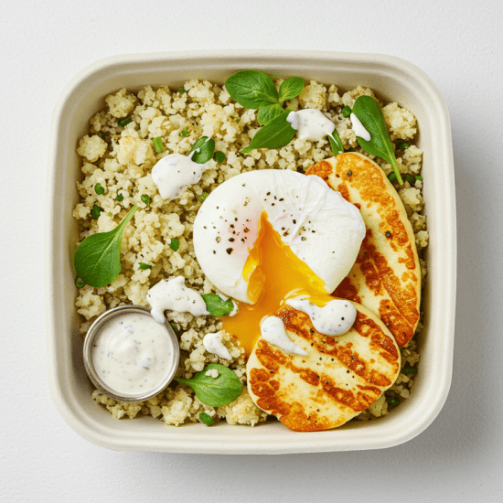 Cauliflower rice, grilled haloumi, poached egg, ranch dressing