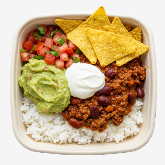 Beef chilli con carne, guacamole, sour cream, tortilla chips