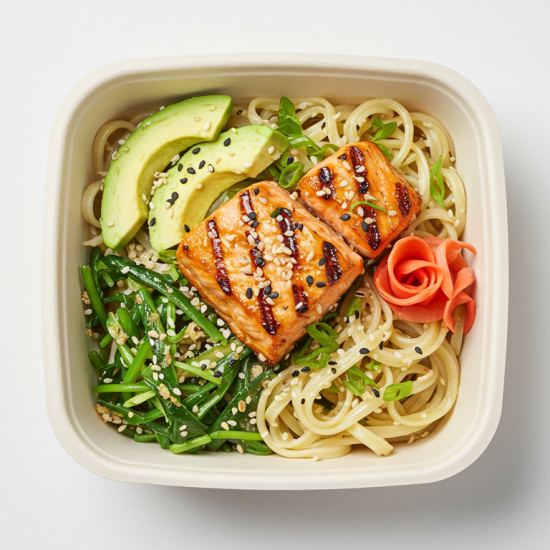 Salmon, green tea noodles, soya, avocado, shichimi togarashi