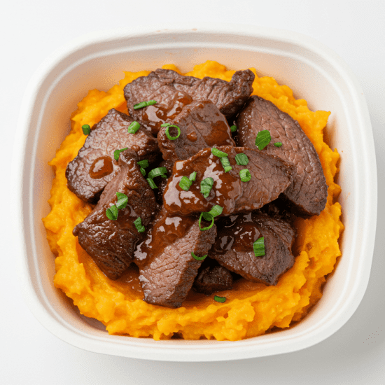 Roast beef, sweet soy , roasted sweet potatoes smash, chive dressing