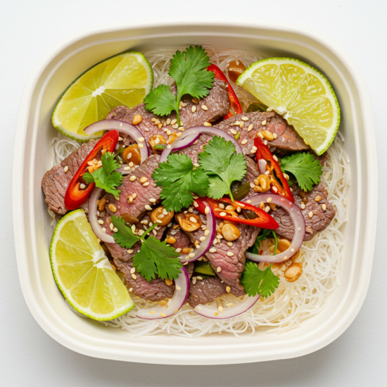 Thai Beef Salad with Coriander, Mint and Lime on Noodles with Sesame Soya Dressing