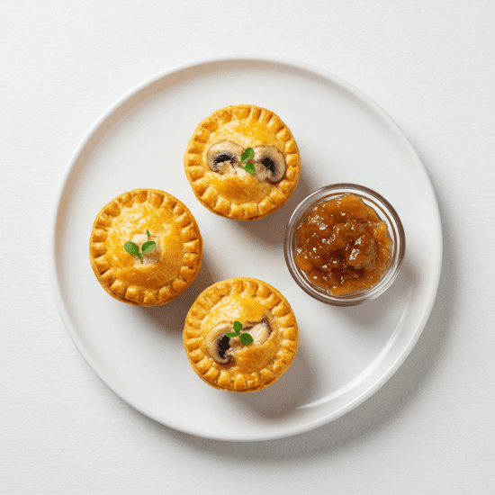 Chicken and mushroom pie, chutney