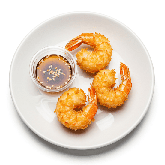 Coconut battered prawns, Ponzo sesame seeds