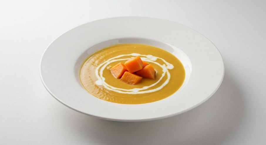 Creamy sweet potato and coconut soup, bread roll