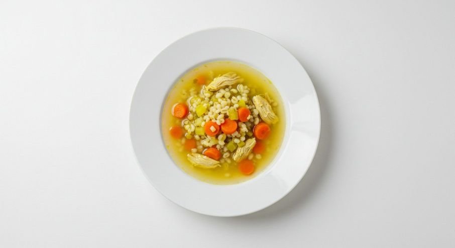 Hearty poached chicken, pearl barley, carrots, fresh herbs, resh bread roll