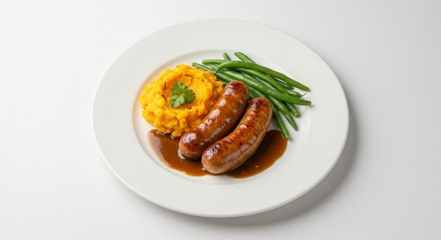 Beef sausages, sweet potato smash