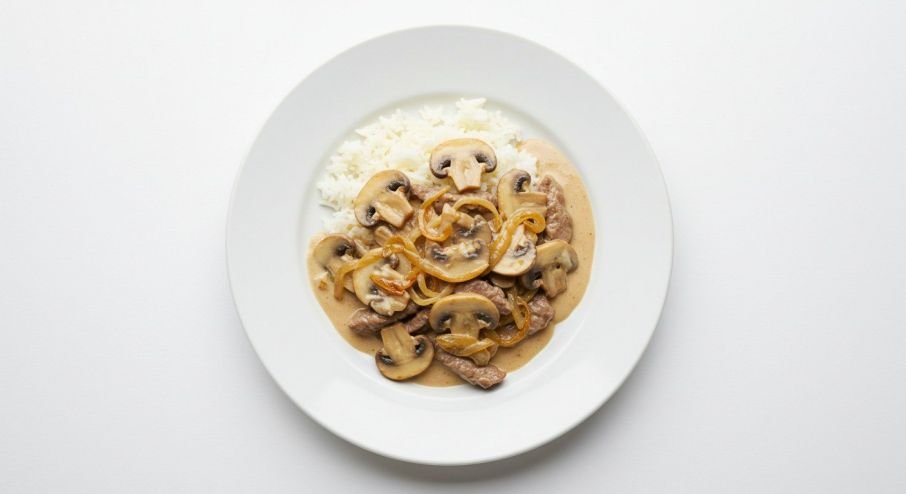 Classic creamy beef Stroganoff, steamed rice