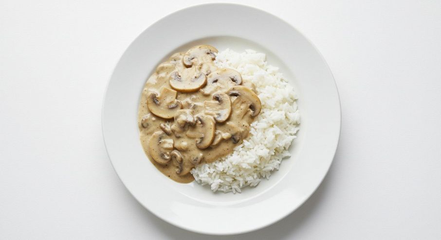 Rich, creamy mushroom Stroganoff, steamed rice