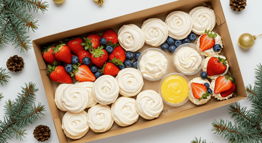Christmas Mini Pavlovas, with whipped cream and mixed berries