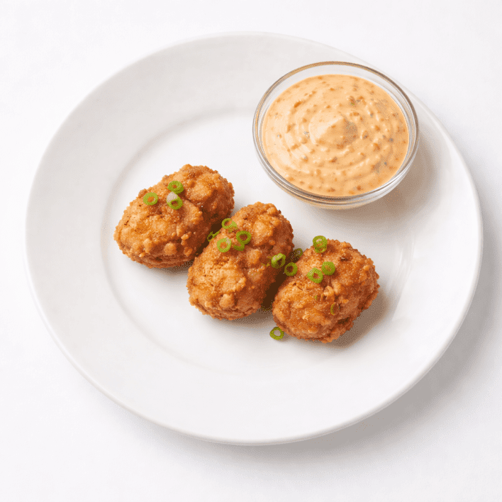 Crisp bite sized Karaage chicken, Kimchi mayo