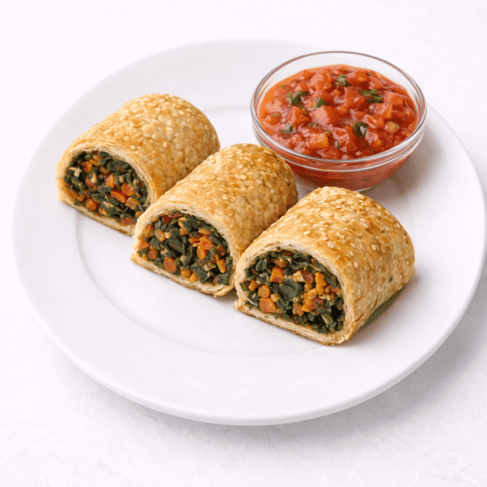 Vegan Sausage Rolls with Spinach & Roasted Vegetables, tomato salsa