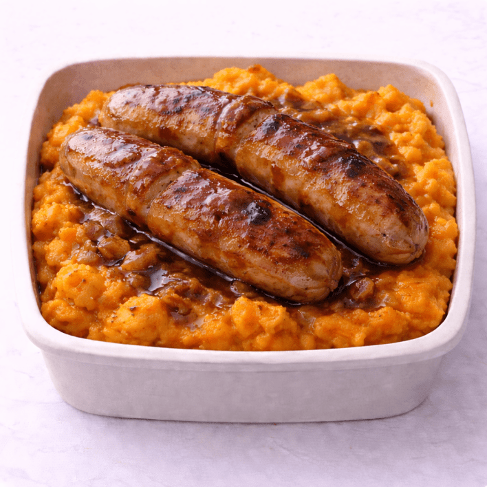 Beef susages, Sweet Potato Smash, Gravy