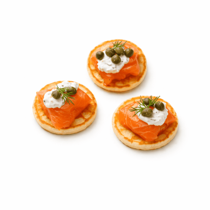Smoked salmon, Bellini, taramasalata, capers, dill