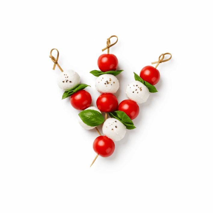 Caprese Skewers with bocconcini cherry tomatoes, fresh basil