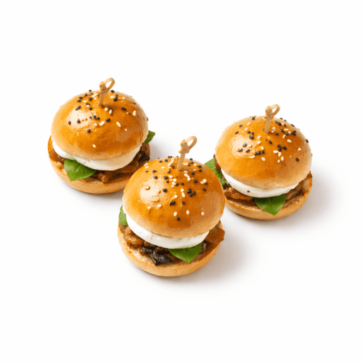 Falafel with roasted eggplant chutney, mozzarella, fresh pesto slider